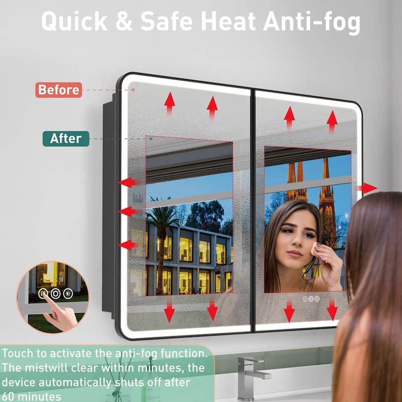 Milo LED Iron Medicine Cabinet with Mirror, Dimmable, Anti-fog, Adjustable Glass Shelves, Recessed or Surface Mount