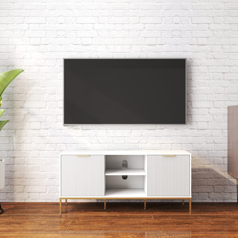 Modern TV Stand with Wave-Design Doors,Open Shelf&Adjustable Shelf-Stylish and Functional