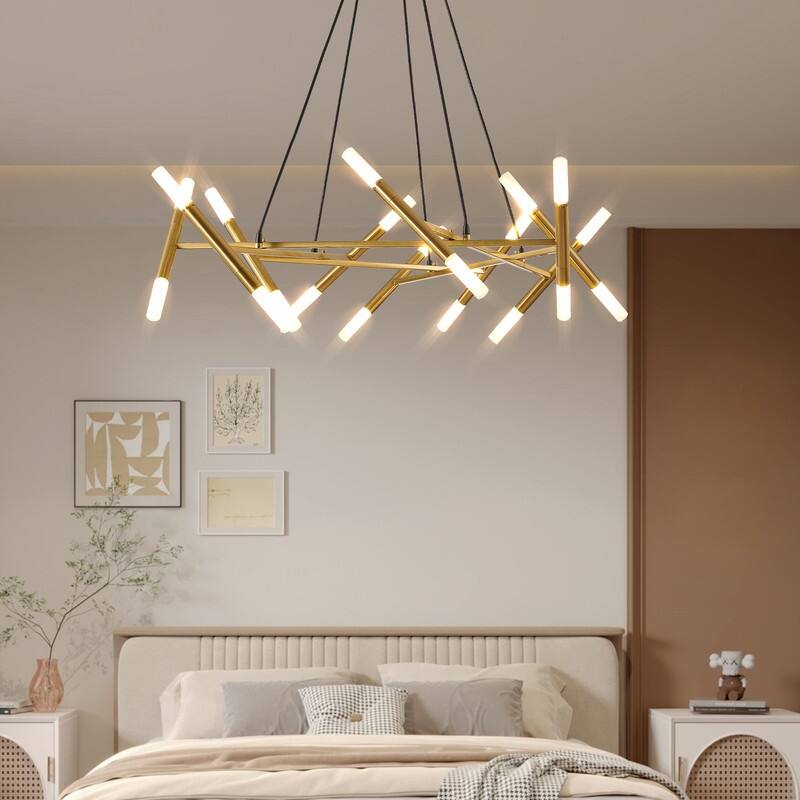 Modern Chandelier Light Fixture, Branch Design with Frosted Tubes, Black Cords, Adjustable Height Pendant Light for Dining Room - Gold