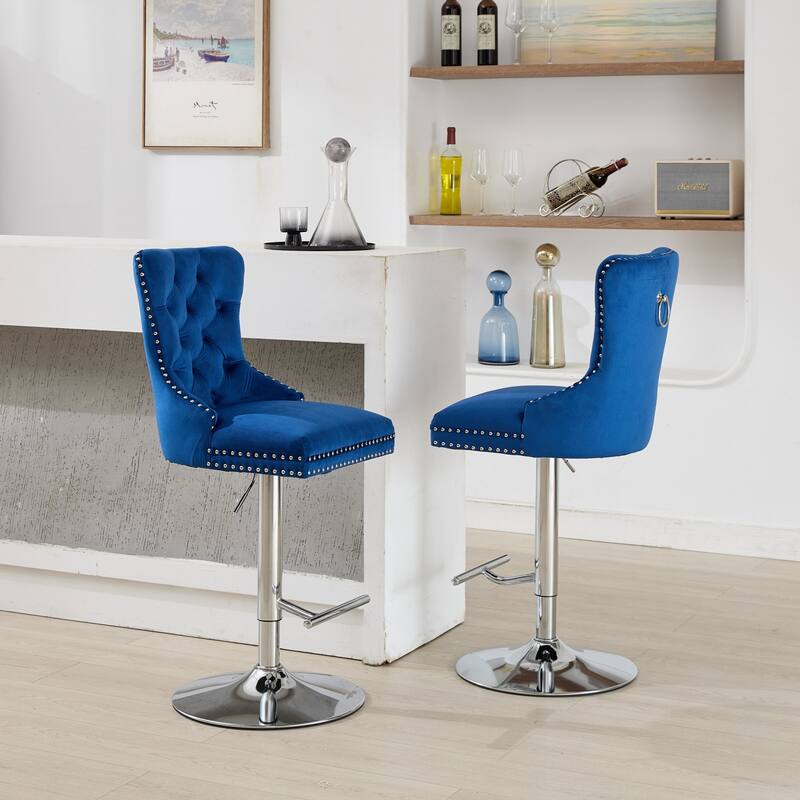 Thick Chrome Swivel Velvet Barstools,Adjustable Height,Modern Upholstered,Sponge&Spring（Set of 2)