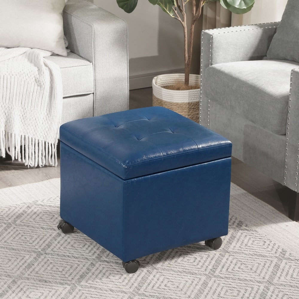 Adeco Bonded Leather Storage Ottoman Square Tufted Cube Footstool