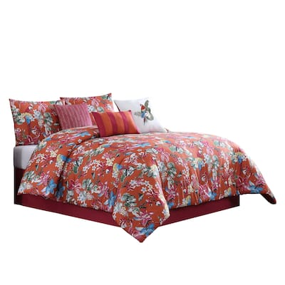 7 Piece King Comforter Set with Printed Floral Pattern, Multicolor