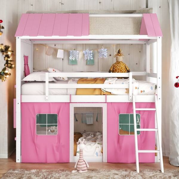 slide 2 of 20, Full Size Bunk Wood House Bed with Elegant Windows, Sills and Tent-Pink+White