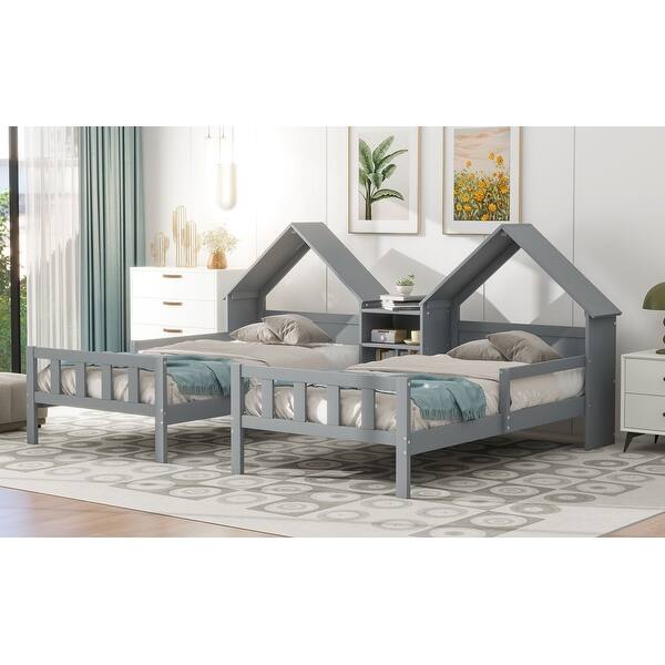 slide 2 of 13, Grey Twin Double Shared Beds with House-shaped Headboard, Nightstand Grey - Twin