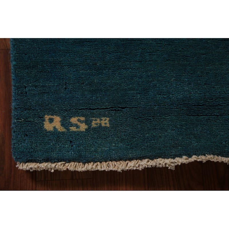 Teal Blue Gabbeh Square Oriental Rug Handmade Wool Carpet - 4'0" x 4'5"