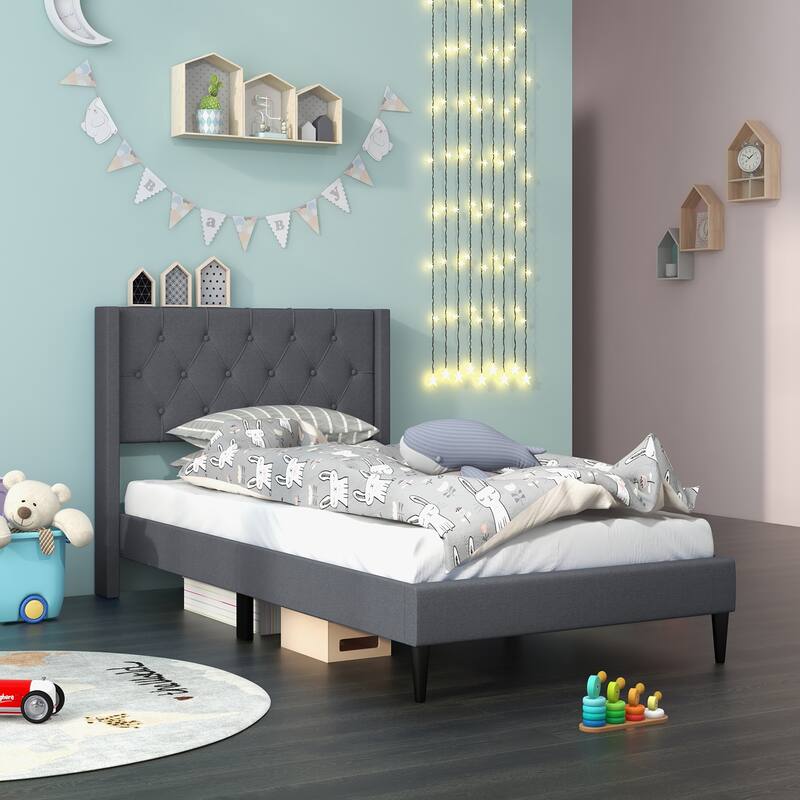 Upholstered Platform Bed with Button Tufted Wingback Headboard