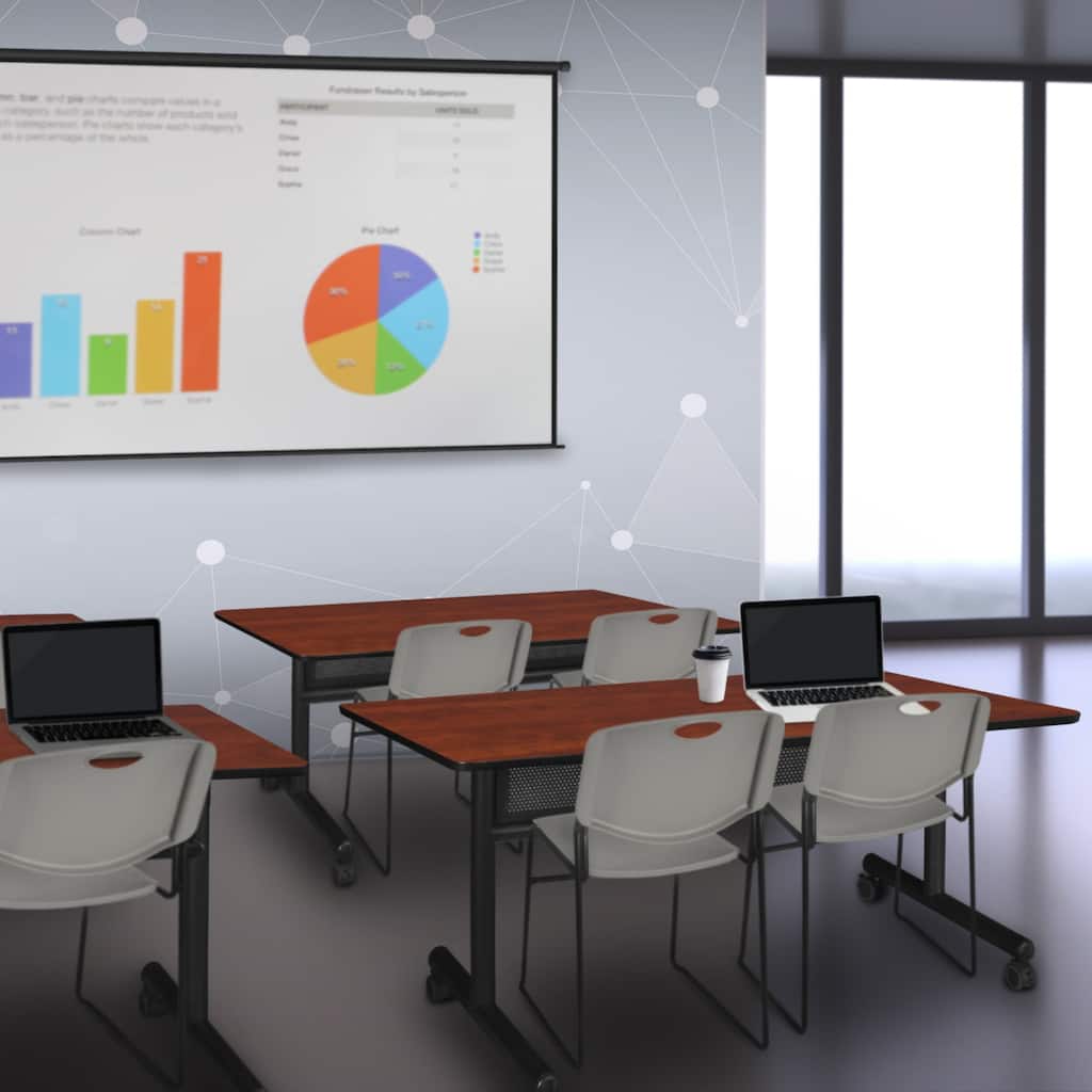 48" x 24" Flip Top Mobile Training Table with Modesty Panel- Cherry and 2 Stack Chairs- Grey