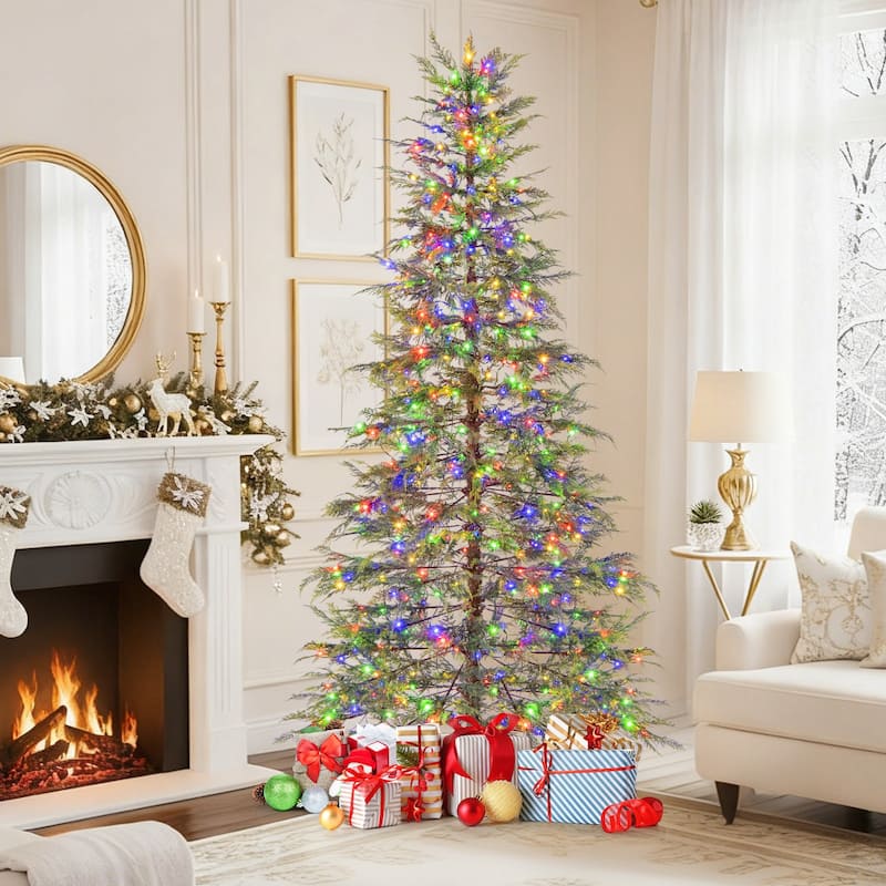 Pre-Lit Green Artificial Christmas Tree with Multicolor LED Lights and Realistic TPE Branches - 7.5 Foot