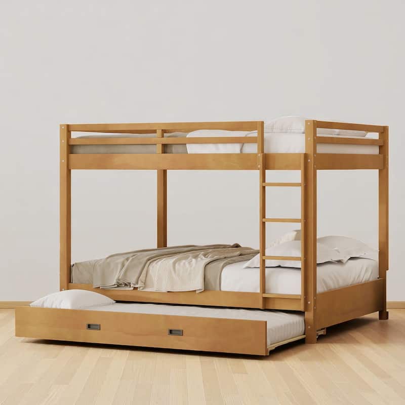 Wood Queen Bunk Bed Frame with Ladder and Trundle, Slatted Support, Safe Railings, Easy Assembly Included