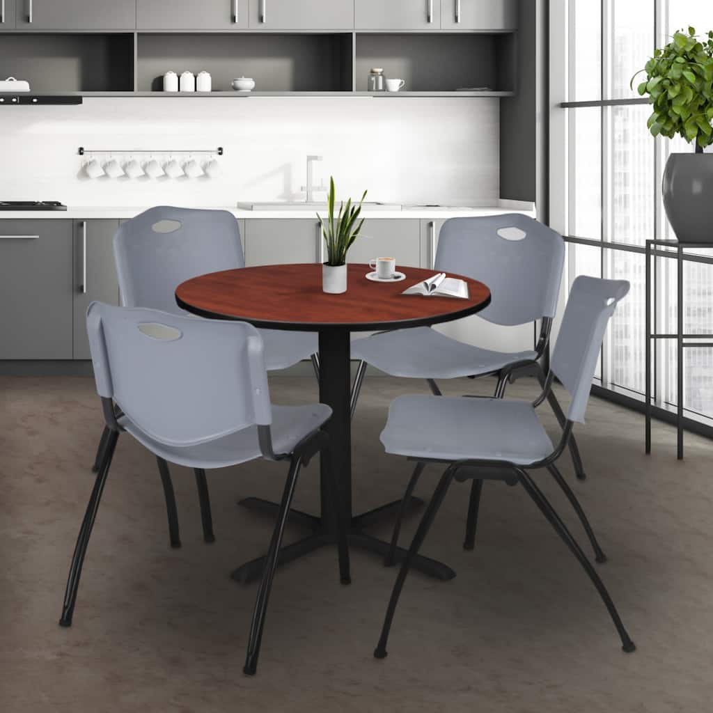 30-inch Round Table and 4 'M' Stackable Grey Chairs