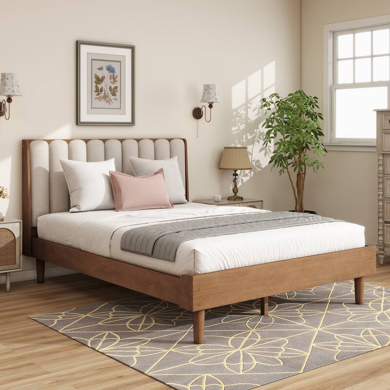 Solid Wood Low Profile Platform Bed Frame with Piano Key Style Upholstered Headboard, No Box Spring Needed
