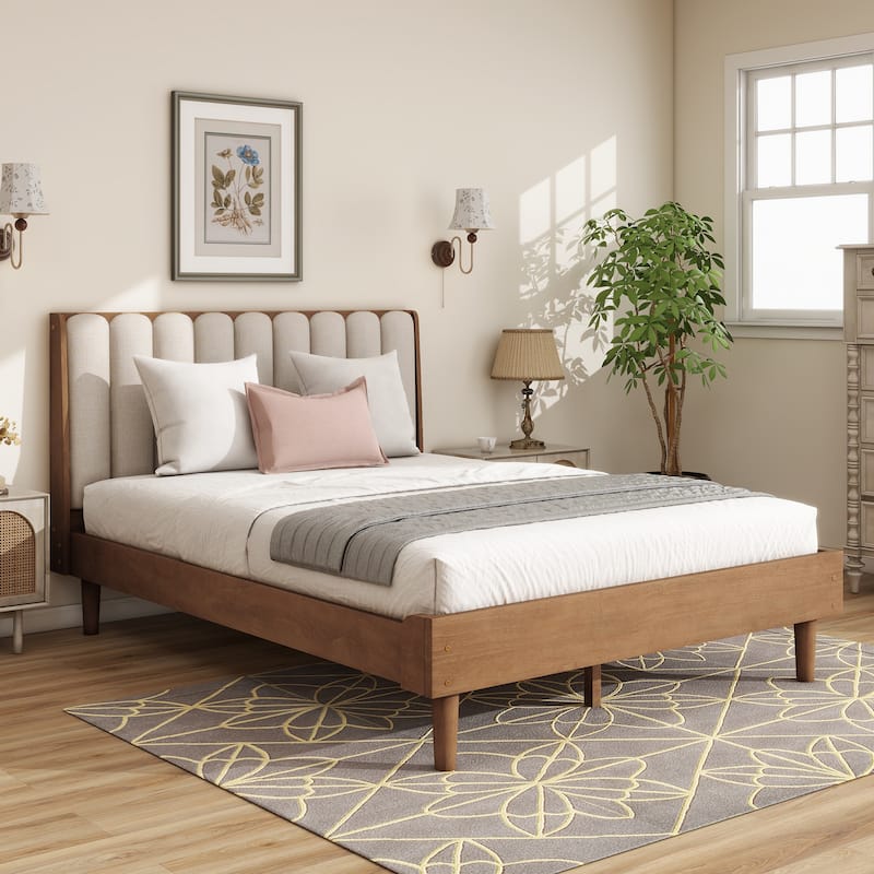 Wheat Wooden Bed Frame with Piano Key Style Upholstered Headboard, Strengthened Bed Frame Slat Support
