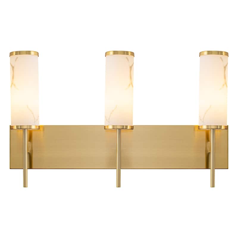 3-Light Gold Vanity Light Cylindrical Marble Crackle Glass Shades - 3-Light