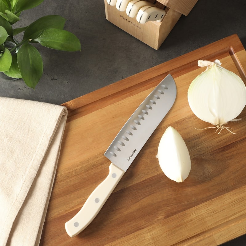 Kenmore Kane 14-Piece Stainless Steel Kitchen Knife Block Set - Triple Rivet ABS Handles.
