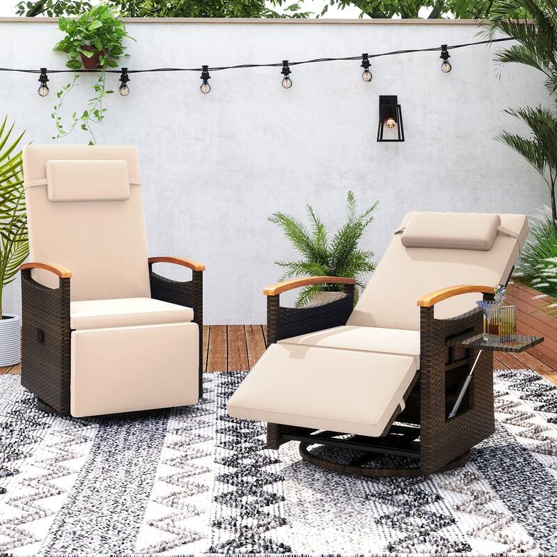 Gymax 2PCS Outdoor Swivel Rattan Recliner Chair Patio Wicker Chaise
