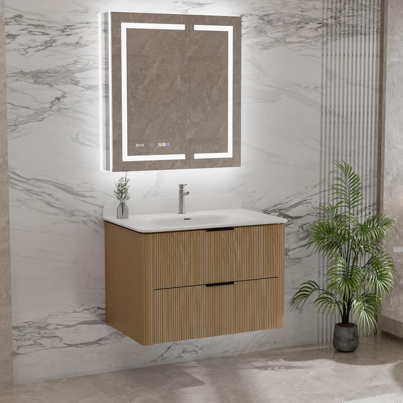 Modland Fluted Floating Vanity with Sink, Plywood Wall Mount Cabinet, Curved Edge, 24/30/36 Inch - 24 inch - Oak