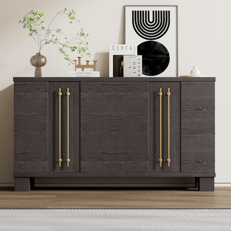 Traditional Style Wood Sideboard Buffet with Adjustable Shelves and Gold Handles