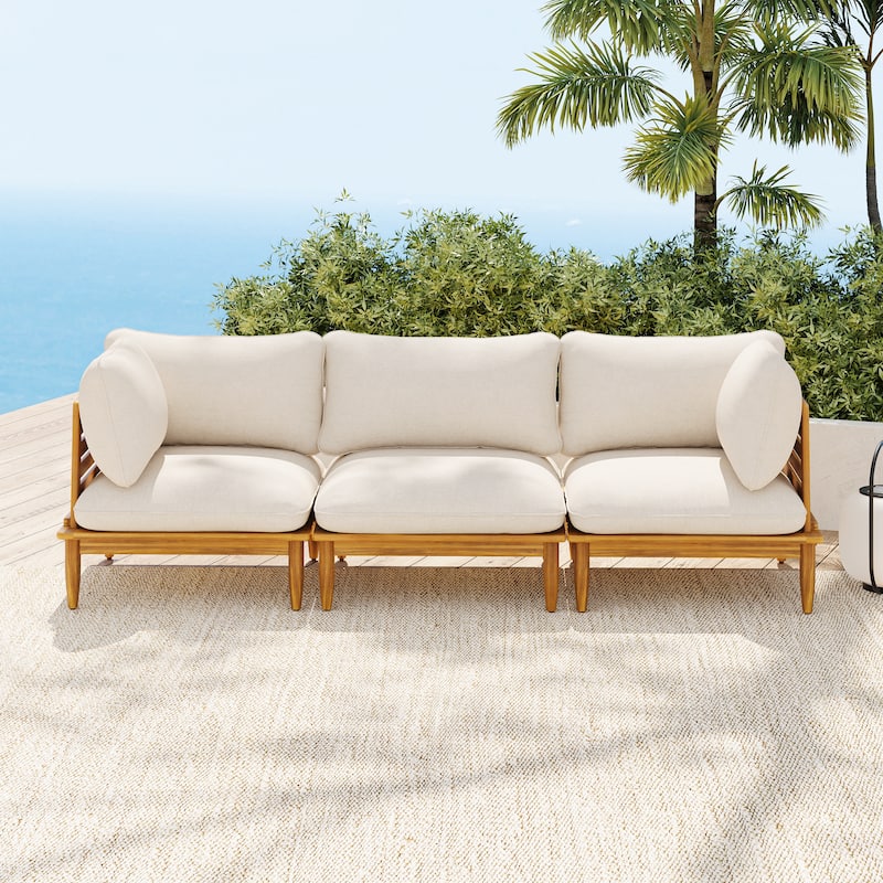 Scott Living Sacova Outdoor Acacia Wood 3-Seater Sofa, Teak Finish Frame with Beige Cushion - Teak Finish+Beige Cushion