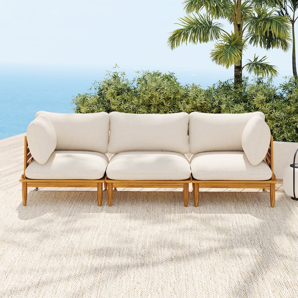 Scott Living Sacova Outdoor Acacia Wood 3-Seater Sofa, Teak Finish Frame with Beige Cushion