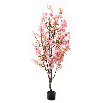 4.5ft Pink Artificial Cherry Blossom Flower Tree Plant in Black Pot - 54" H x 26" W x 26" DP