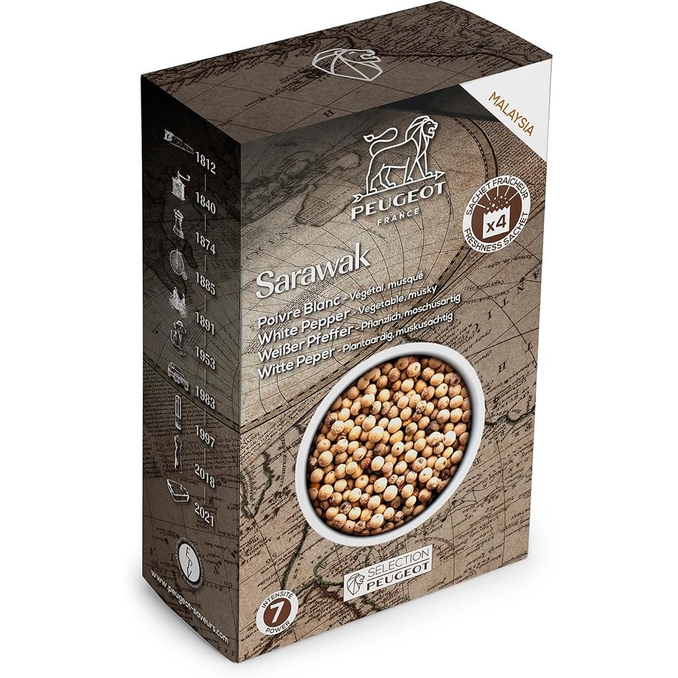 Peugeot Sarawak Malaysian White Peppercorns, 80g - 4 fresh sachets of 20g