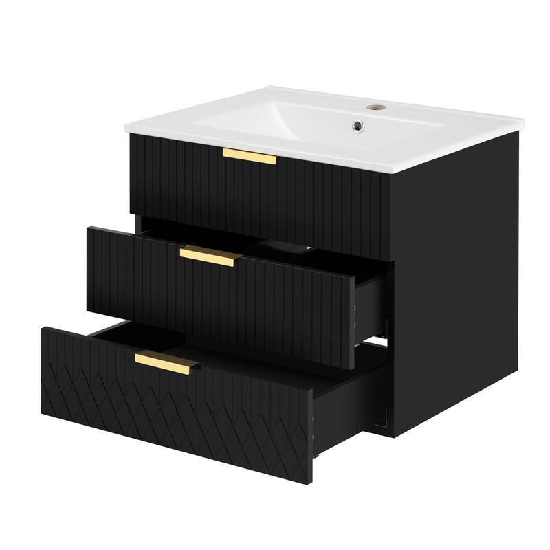 Roomfitters 24 Inch Wall Mounted Floating Vanity, Modern Small Bathroom Cabinet with Ceramic Basin Sink & 2 Sliding Tiers