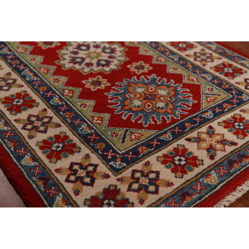 Geometric Kazak Foyer Rug Handmade Red Wool Carpet - 2'9"x 3'11"