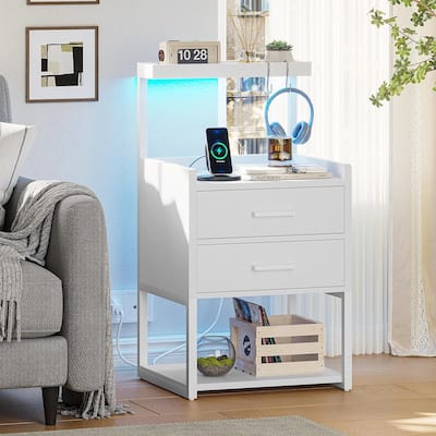 2 Drawer Nightstand with LED Lights Charging Station