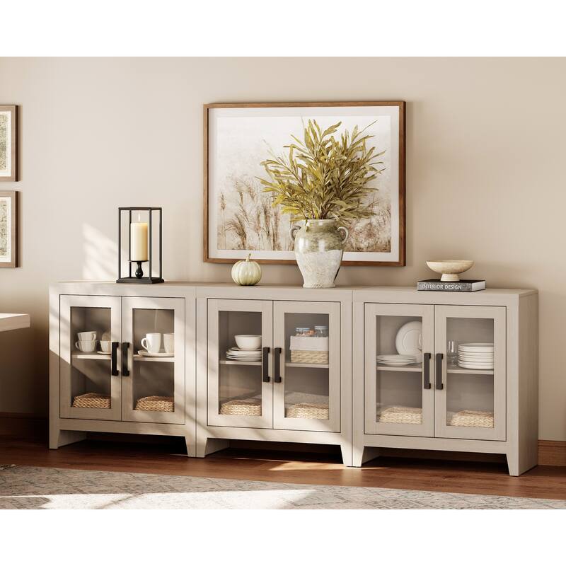 WAMPAT Modern Farmhouse TV Stand, Entertainment Center with Tempered Glass Doors & Adjustable Shelves