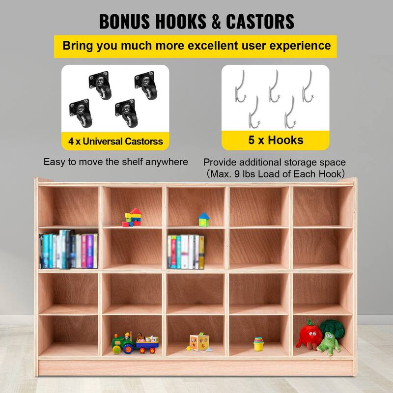 Kids Wooden Storage Cubby with 20 Compartments and Natural Finish Birch Plywood Organizer - 48 x 12 x 30.3 Inch