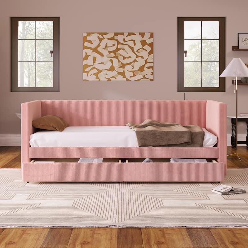 Vertical Lines Corduroy Daybed Wood Platform Bed with 2 Armrests & 2 Storage Drawers, Wood Slat Panel Bed - Pink - Twin