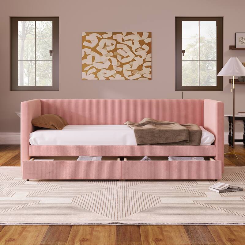 Pink Twin Corduroy Daybed with Storage Drawers and Wood Slat Support - No Box Spring Needed