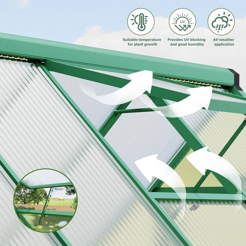 8x12 FT Outdoor Greenhouse, Polycarbonate Greenhouse with Roof Vent and Ground Nails, Green - 8*12FT