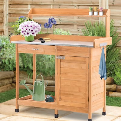 MCombo Potting Bench, Outdoor Garden Wood Potting Table Workstation with Cabinet, Metal Tabletop, Sliding Drawer, Open Shelf