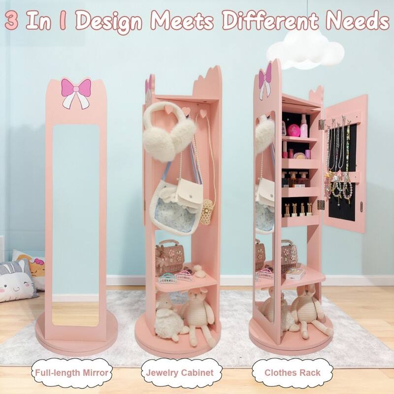 Kids MDF Jewelry Cabinet In White Jewelry Armoire With Rotatable Base, 1 Door And 1 Shelf - N/A