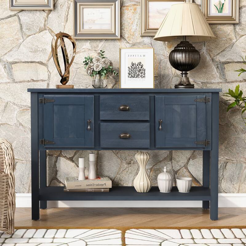 48" Solid Wood Sideboard Console Table with 2 Drawers and Bottom Shelf, Storage Dining Buffet Server Cabinet for Living Room - Navy Blue