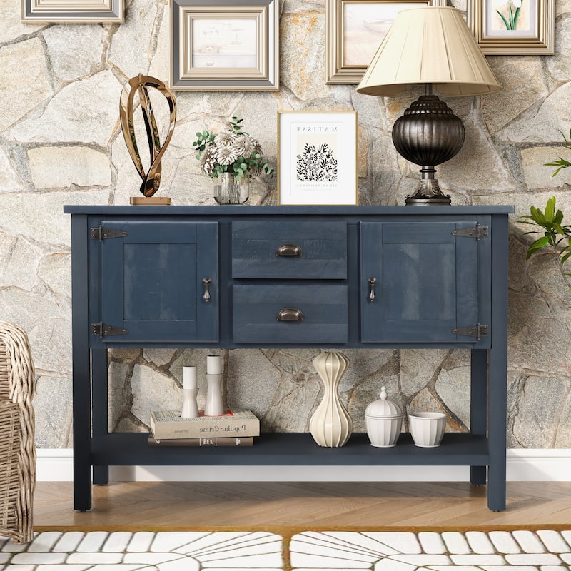 Retro 48 Inch Solid Wood Console Sideboard - 2 Drawers & Cabinets, Navy Blue