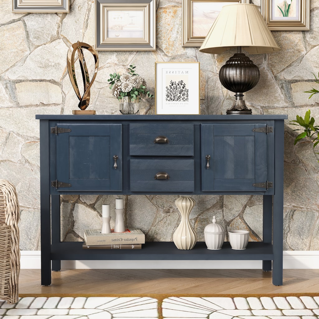 Retro 48 Inch Solid Wood Console Sideboard - 2 Drawers & Cabinets, Navy Blue