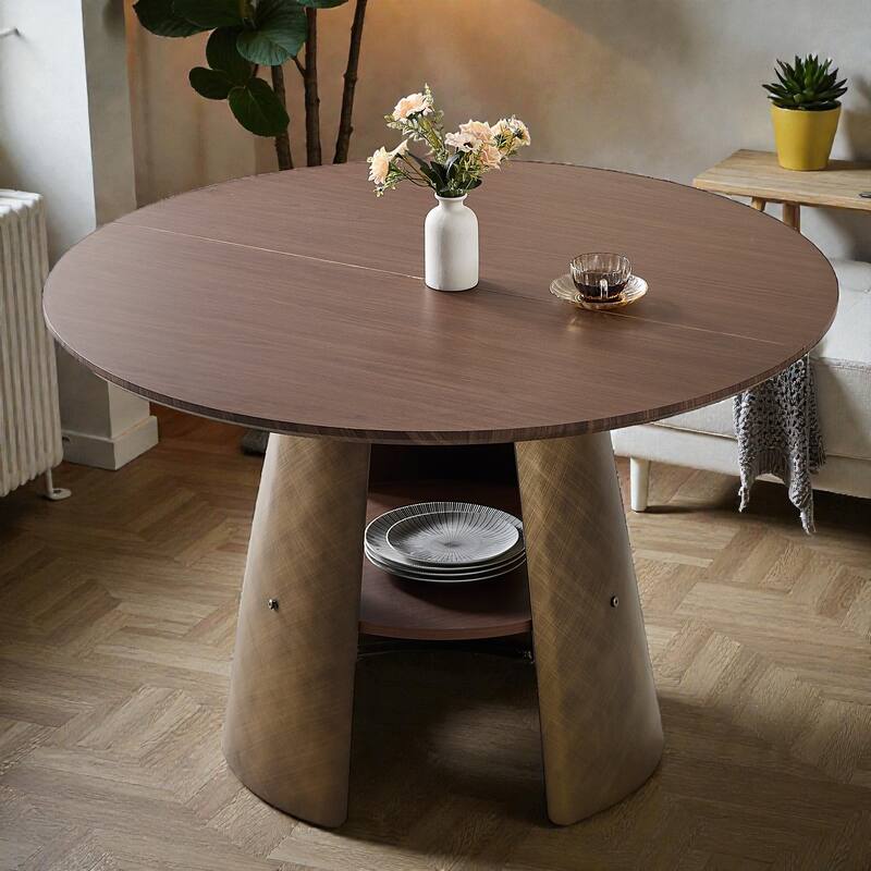 47.25 Inch Round Dining Table with Storage Shelf, Retro Walnut MDF Top and Metal Frame, Seats 4-6