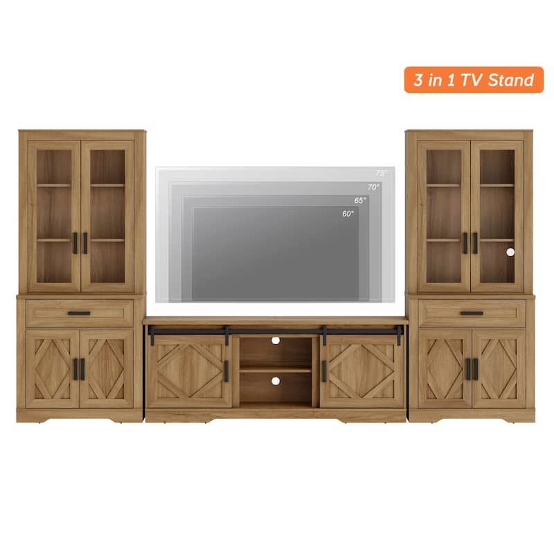 Modern Farmhouse TV Stand with Bookcase for 65" 75" TV with Barn Door for Living Room, Bedroom & Home Office