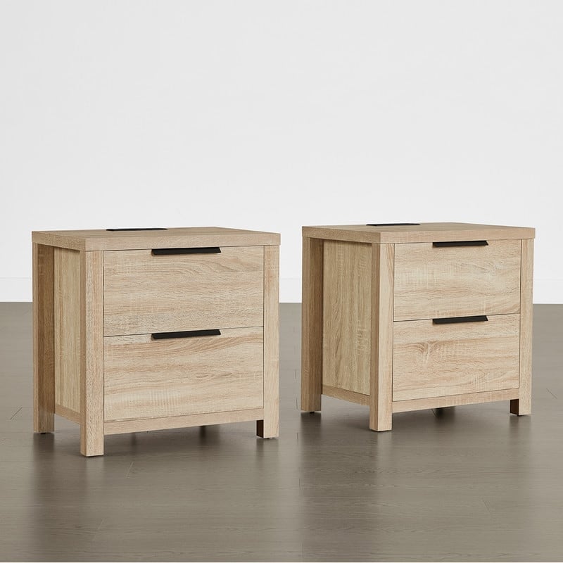 Spruce & Spring Scout Farmhouse Solid Wood Nightstand with 2 Drawers and Type-C, USB & 2 Power Outlets - Natural- Set of 2