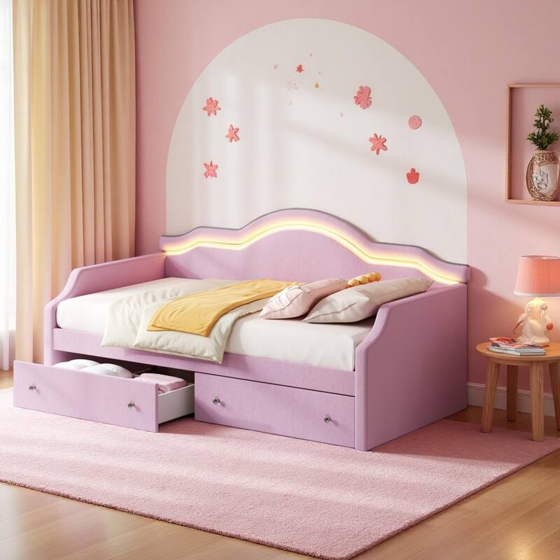 Velvet Upholstered Daybed with Color-Changing LED Light & Dual Drawers by Harper&Bright Designs - Pink - Twin