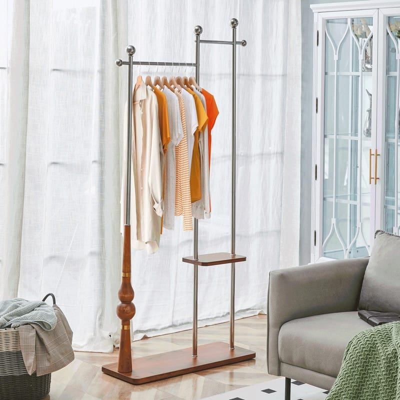 70" Tall Industrial Coat Rack for Entryway, Solid Wood & Stainless Steel, Double Layer Hanging Rack