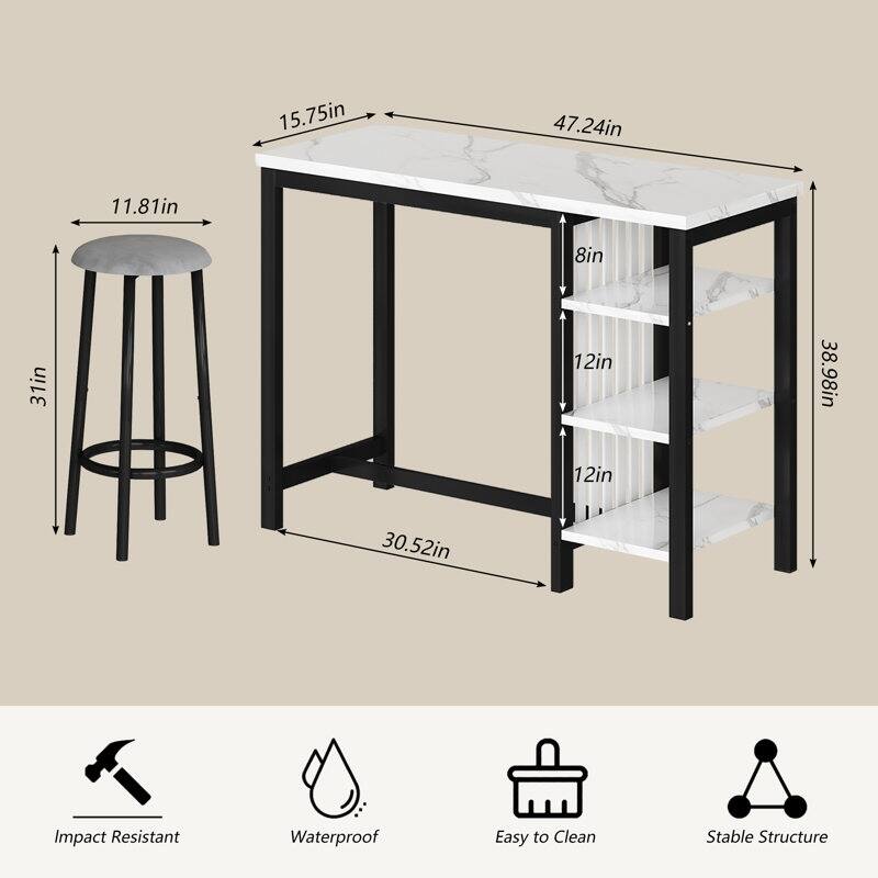 Bar Table Set with Storage Shelves, Faux Marble Breakfast Table with 2 Velvet Stools for Kitchen/Dinning Room/Living Room/Studio