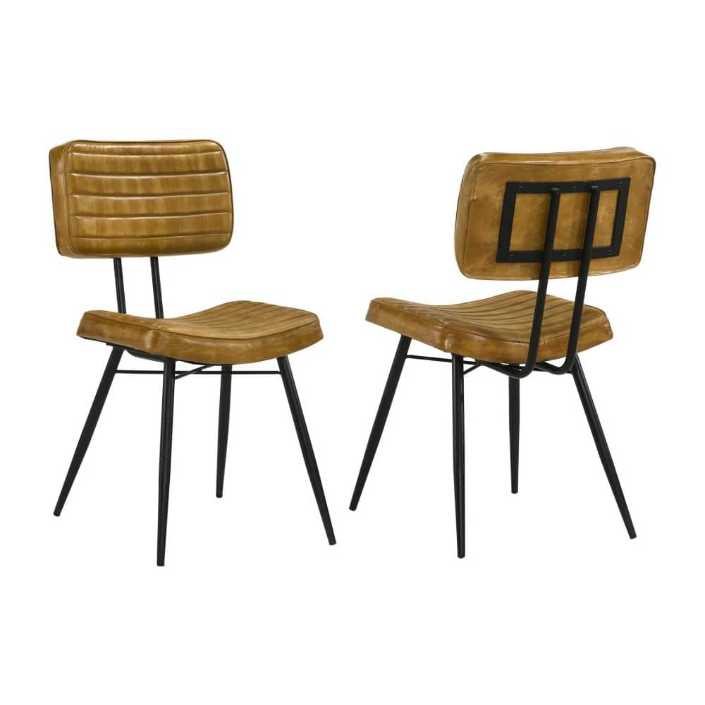 Set of 2 Leather Upholstered Side Chairs, Camel and Black