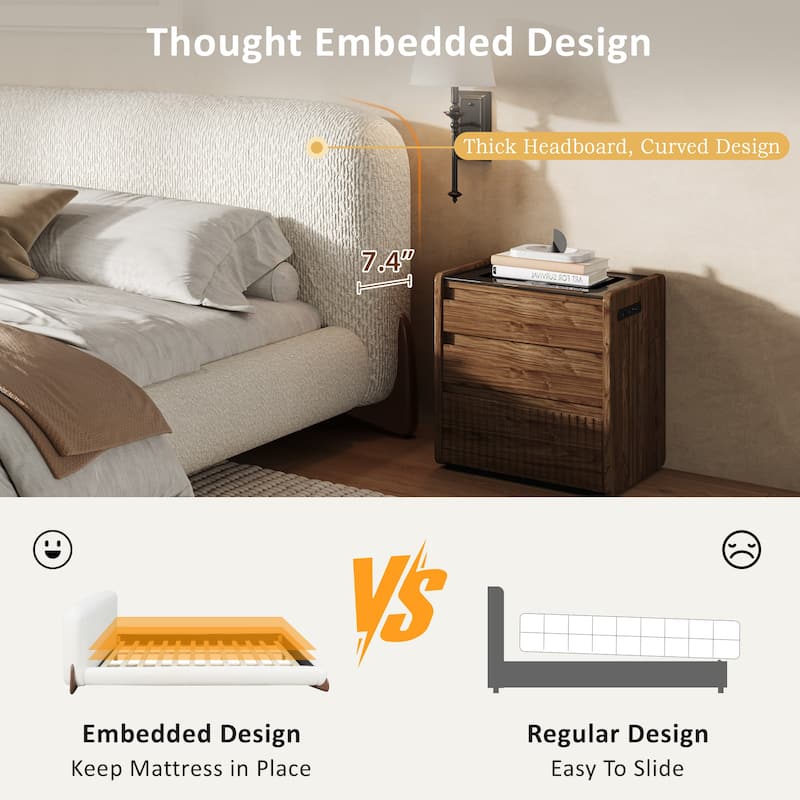 Christopher Knight Home - Oberon Boucle Upholstered Platform Bed with Thick Headboard and Solid Wood Legs