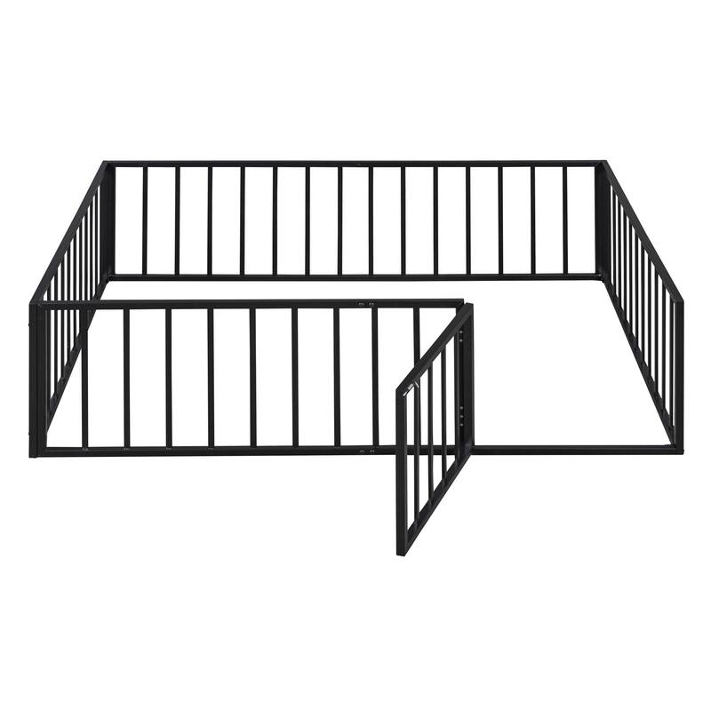 Metal Floor Bed Versatile Kids Bed without Slats, Sturdy Metal Floor Bed Frame with Fence and Door
