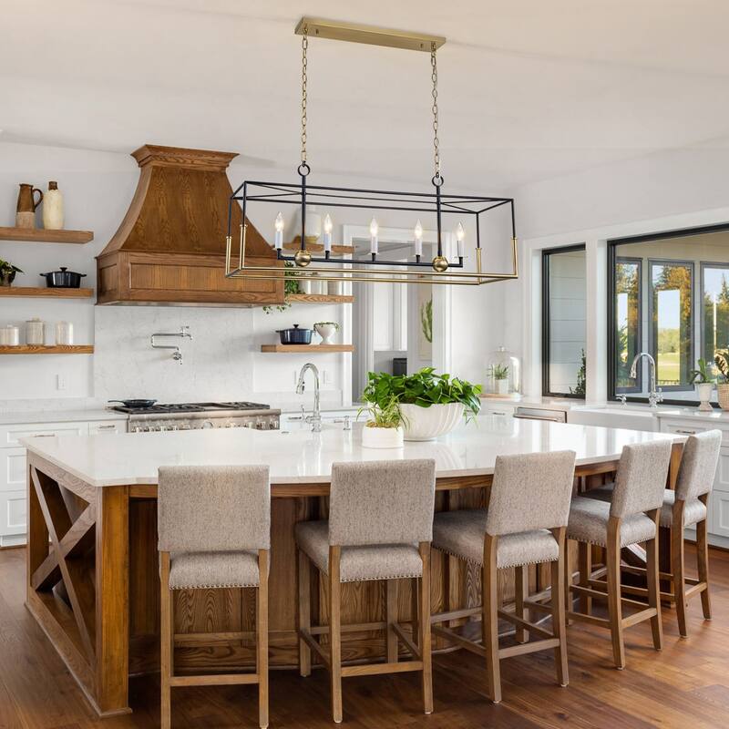 Geometric 5-Light Modern Black and Brass Rectangular Pendant Light for Dining Room