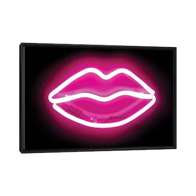 iCanvas "Neon Lips Pink On Black" by Hailey Carr Framed Canvas Print