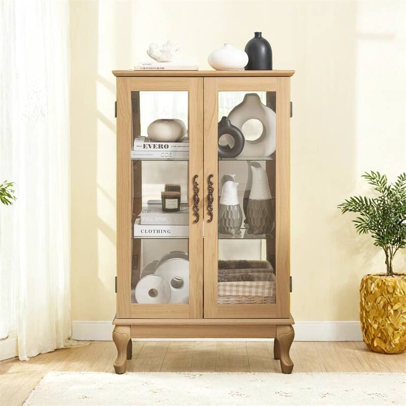 Elegant Light Oak Curio Cabinet with Tempered Glass Doors,LED Light